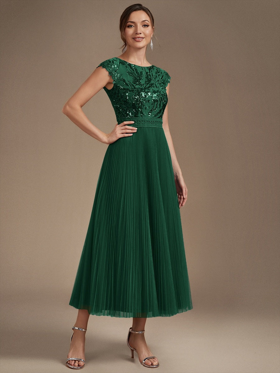 See-through Sequin Cap Sleeve Wedding Guest Dress #color_Dark Green