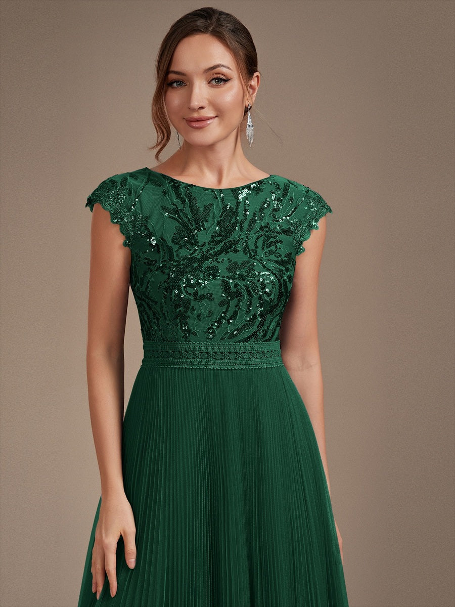 See-through Sequin Cap Sleeve Wedding Guest Dress #color_Dark Green