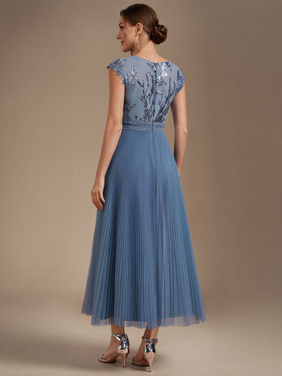 See-through Sequin Cap Sleeve Wedding Guest Dress #color_Dusty Blue