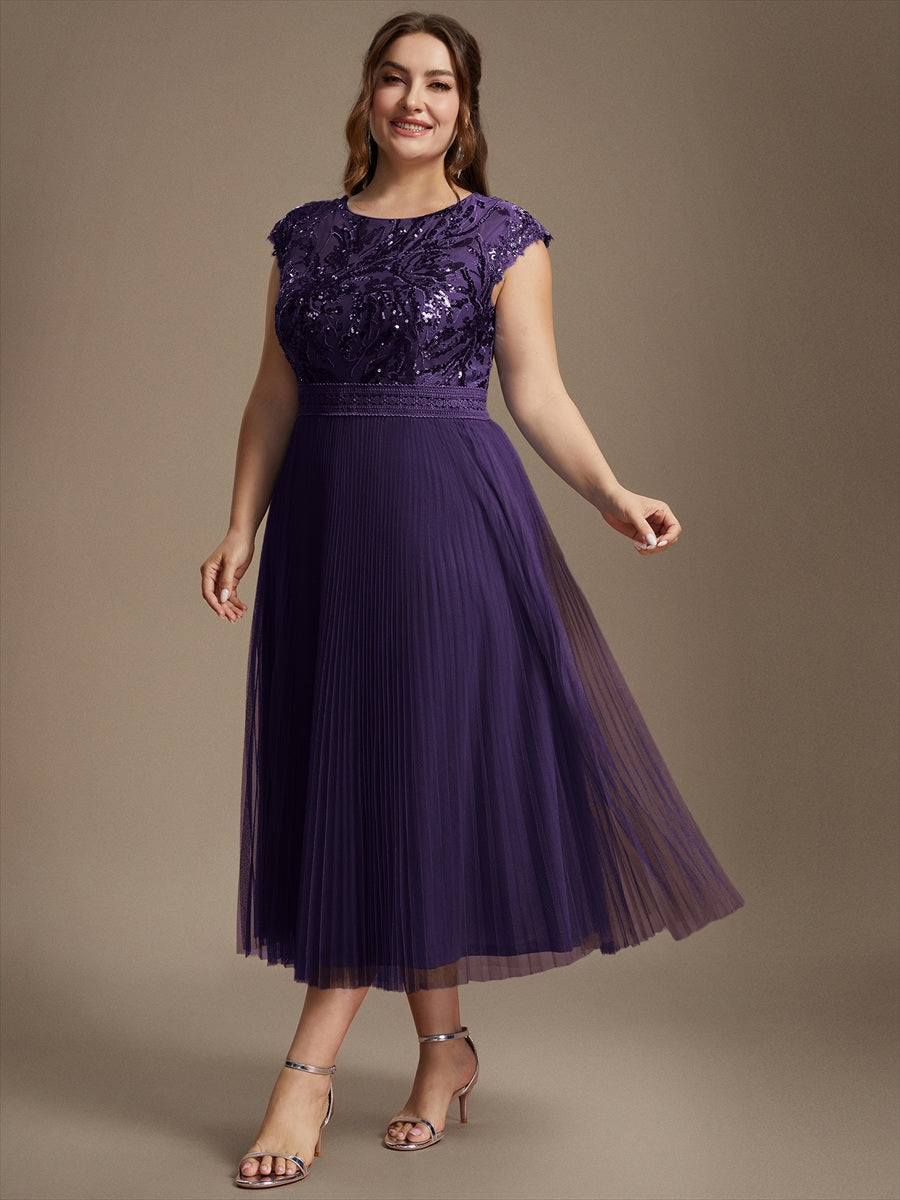 See-through Sequin Cap Sleeve Wedding Guest Dress #color_Dark Purple