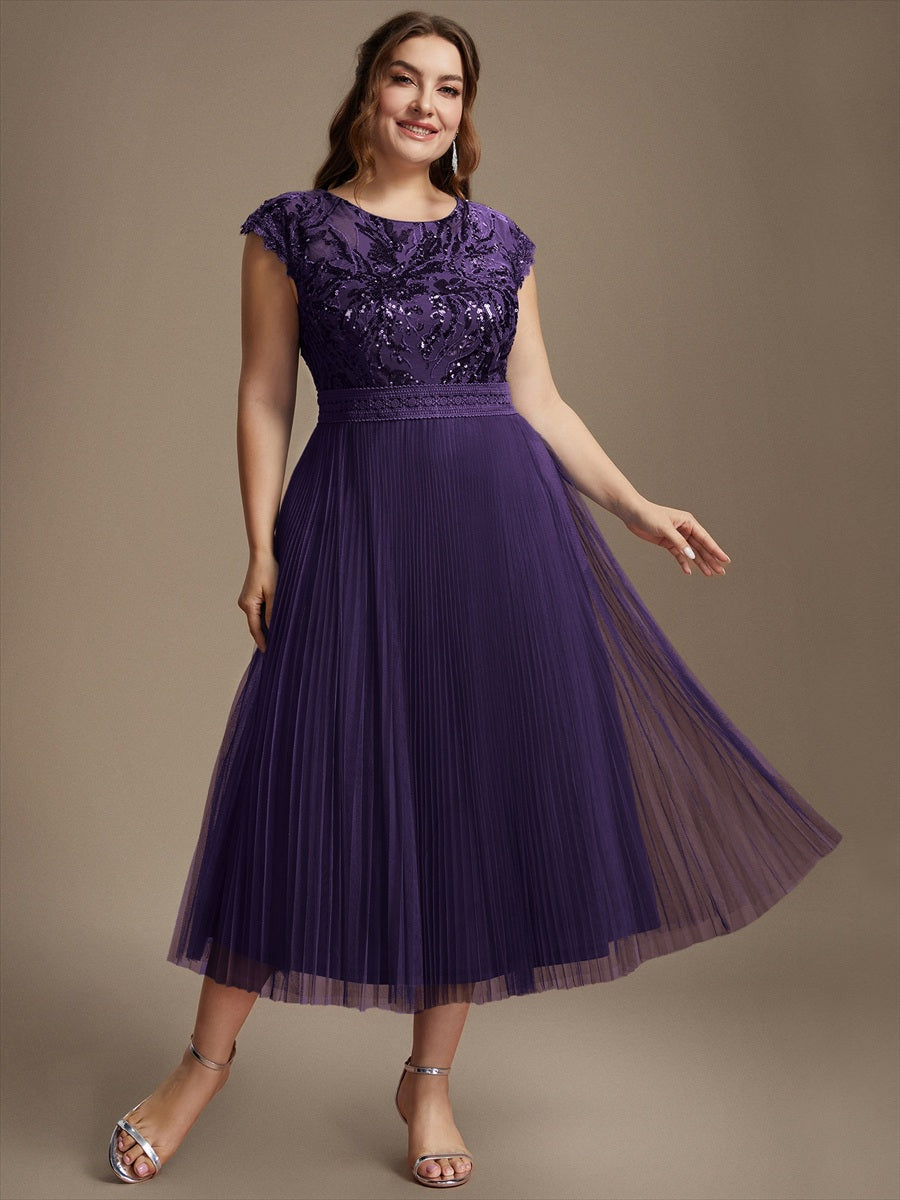 See-through Sequin Cap Sleeve Wedding Guest Dress #color_Dark Purple