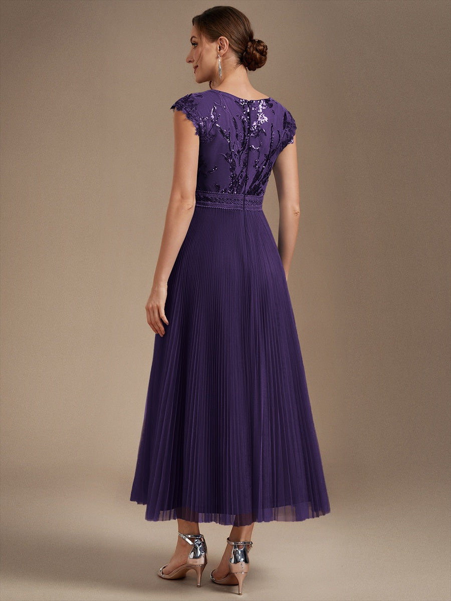 See-through Sequin Cap Sleeve Wedding Guest Dress #color_Dark Purple