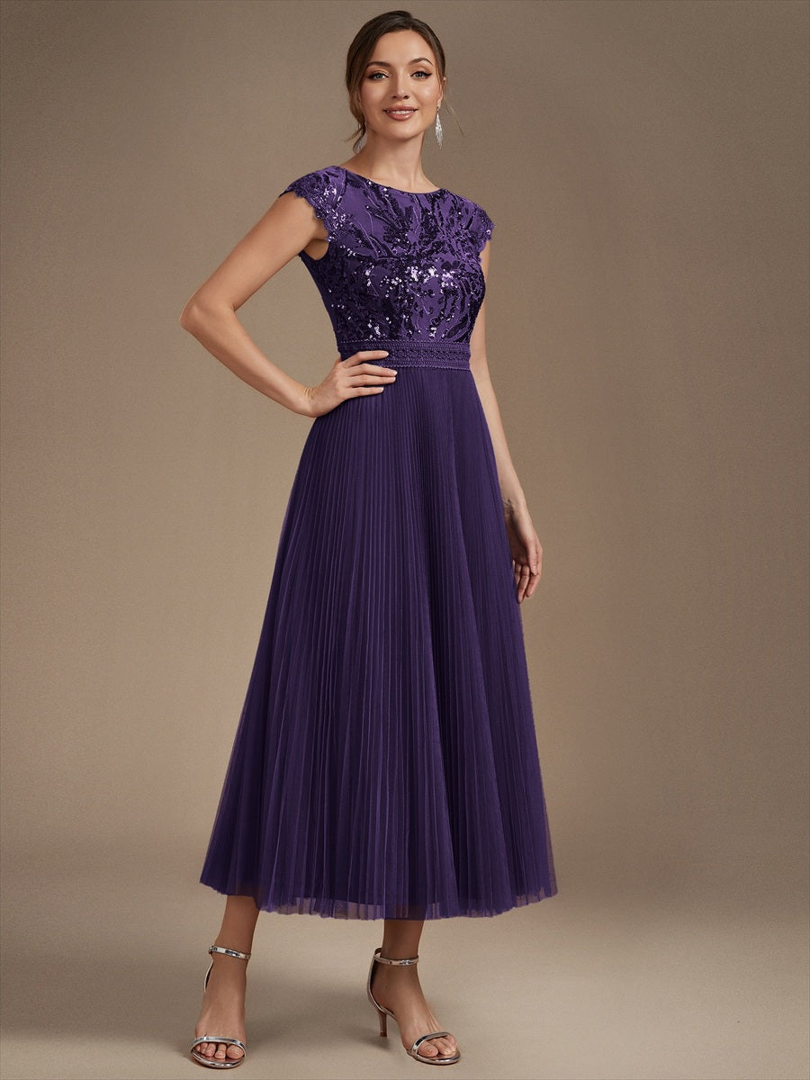 See-through Sequin Cap Sleeve Wedding Guest Dress #color_Dark Purple
