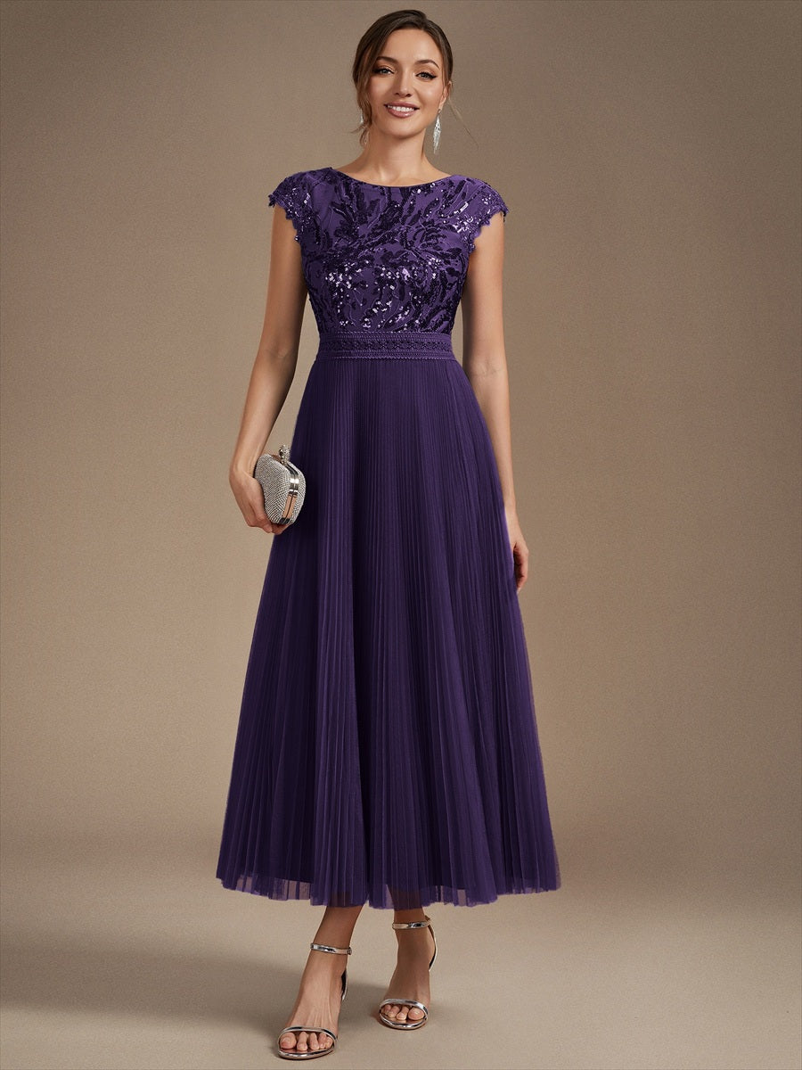See-through Sequin Cap Sleeve Wedding Guest Dress #color_Dark Purple