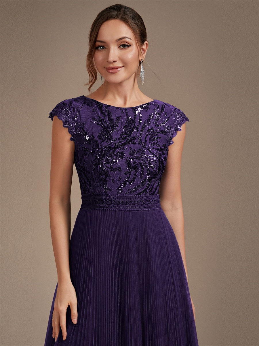 See-through Sequin Cap Sleeve Wedding Guest Dress #color_Dark Purple