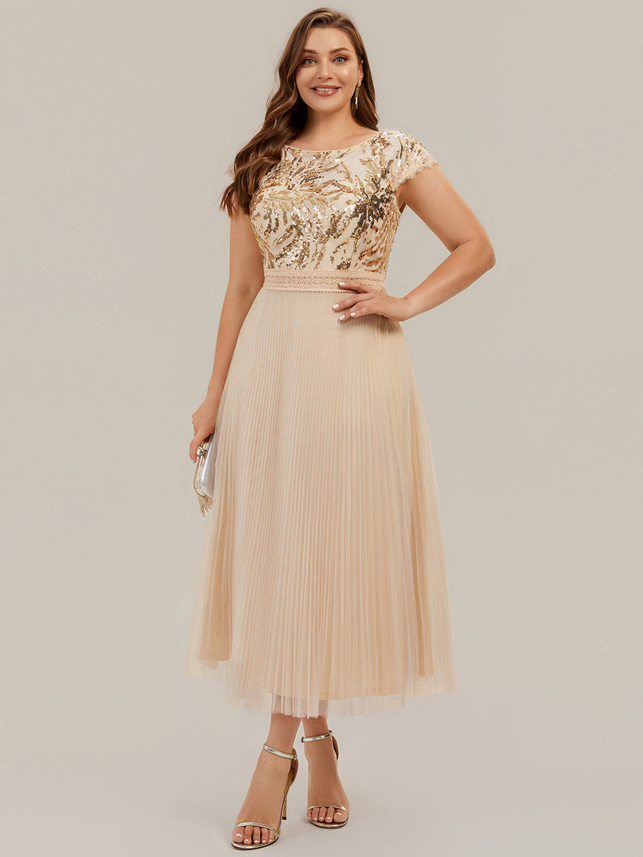 See-through Sequin Cap Sleeve Wedding Guest Dress #color_Gold