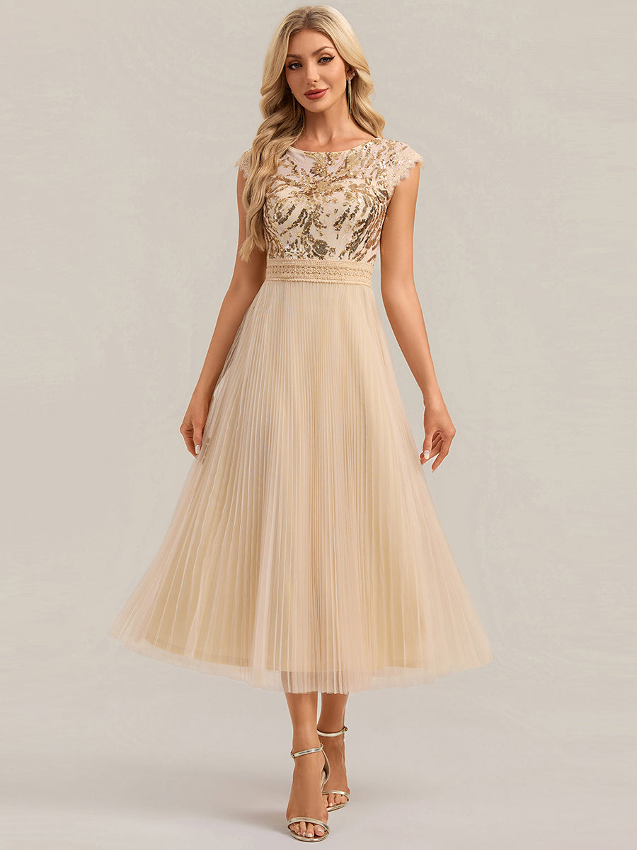 See-through Sequin Cap Sleeve Wedding Guest Dress #color_Gold