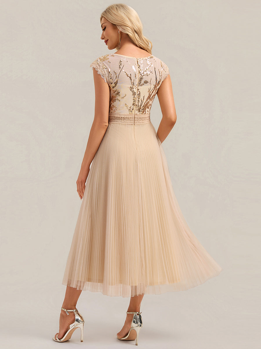 See-through Sequin Cap Sleeve Wedding Guest Dress #color_Gold