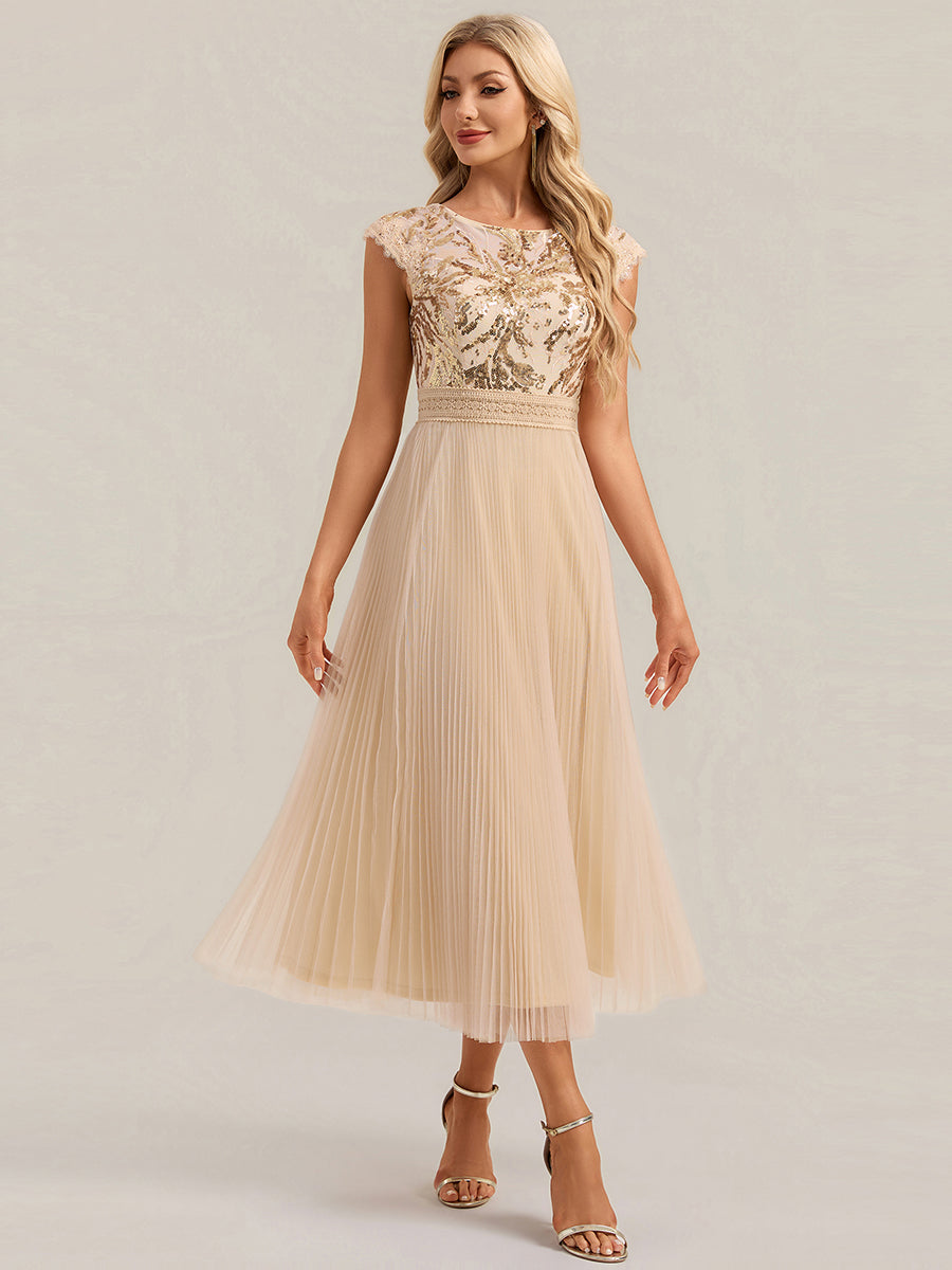 See-through Sequin Cap Sleeve Wedding Guest Dress #color_Gold