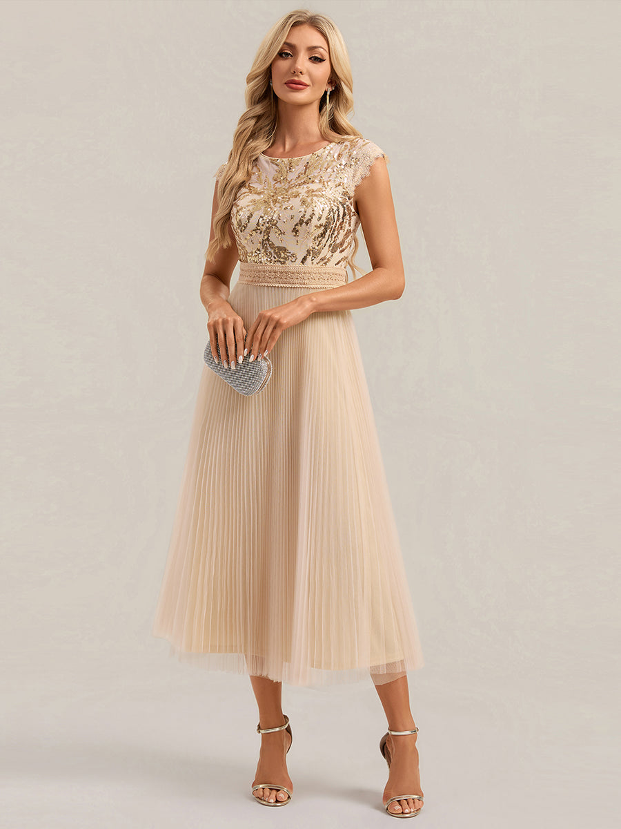 See-through Sequin Cap Sleeve Wedding Guest Dress #color_Gold