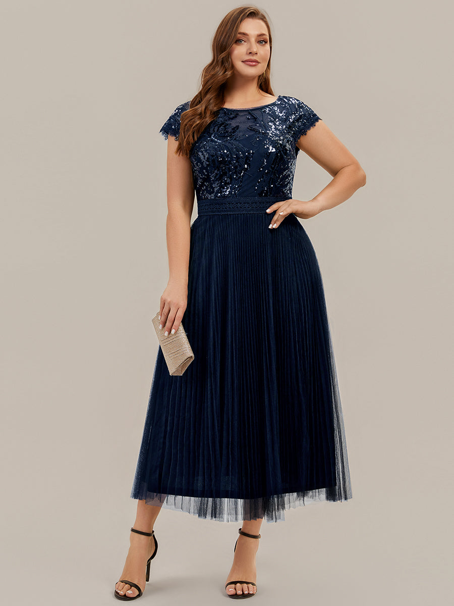 See-through Sequin Cap Sleeve Wedding Guest Dress #color_Navy Blue