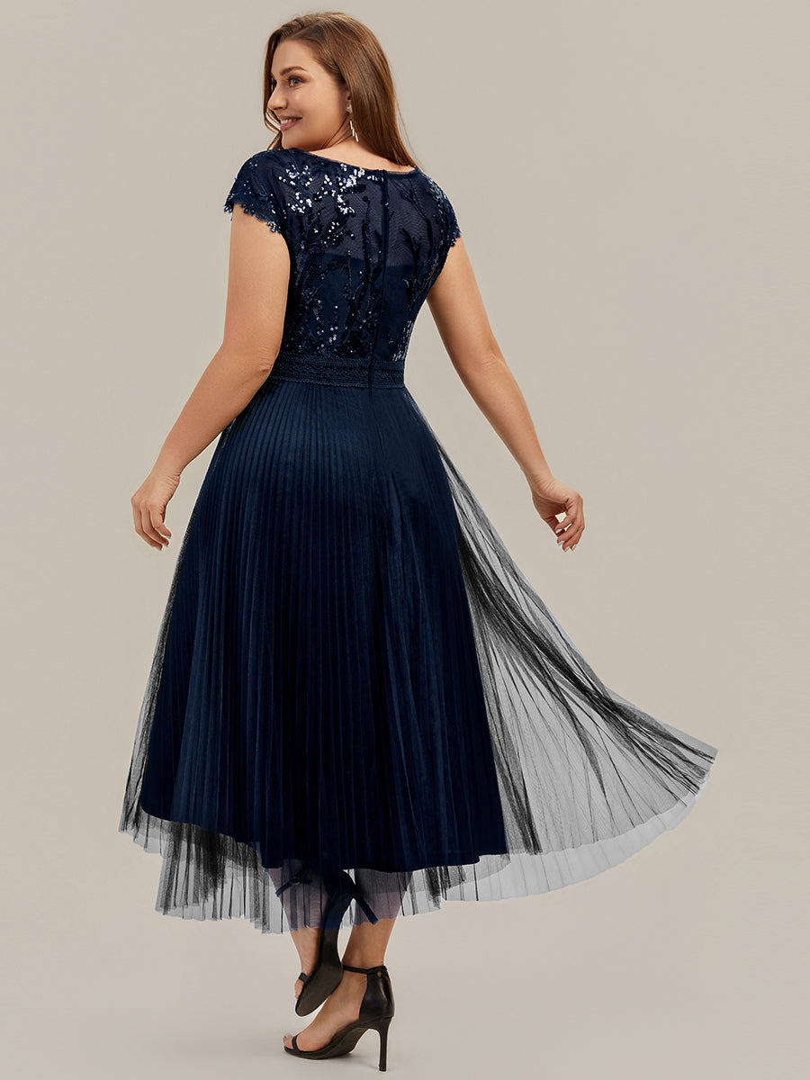 See-through Sequin Cap Sleeve Wedding Guest Dress #color_Navy Blue