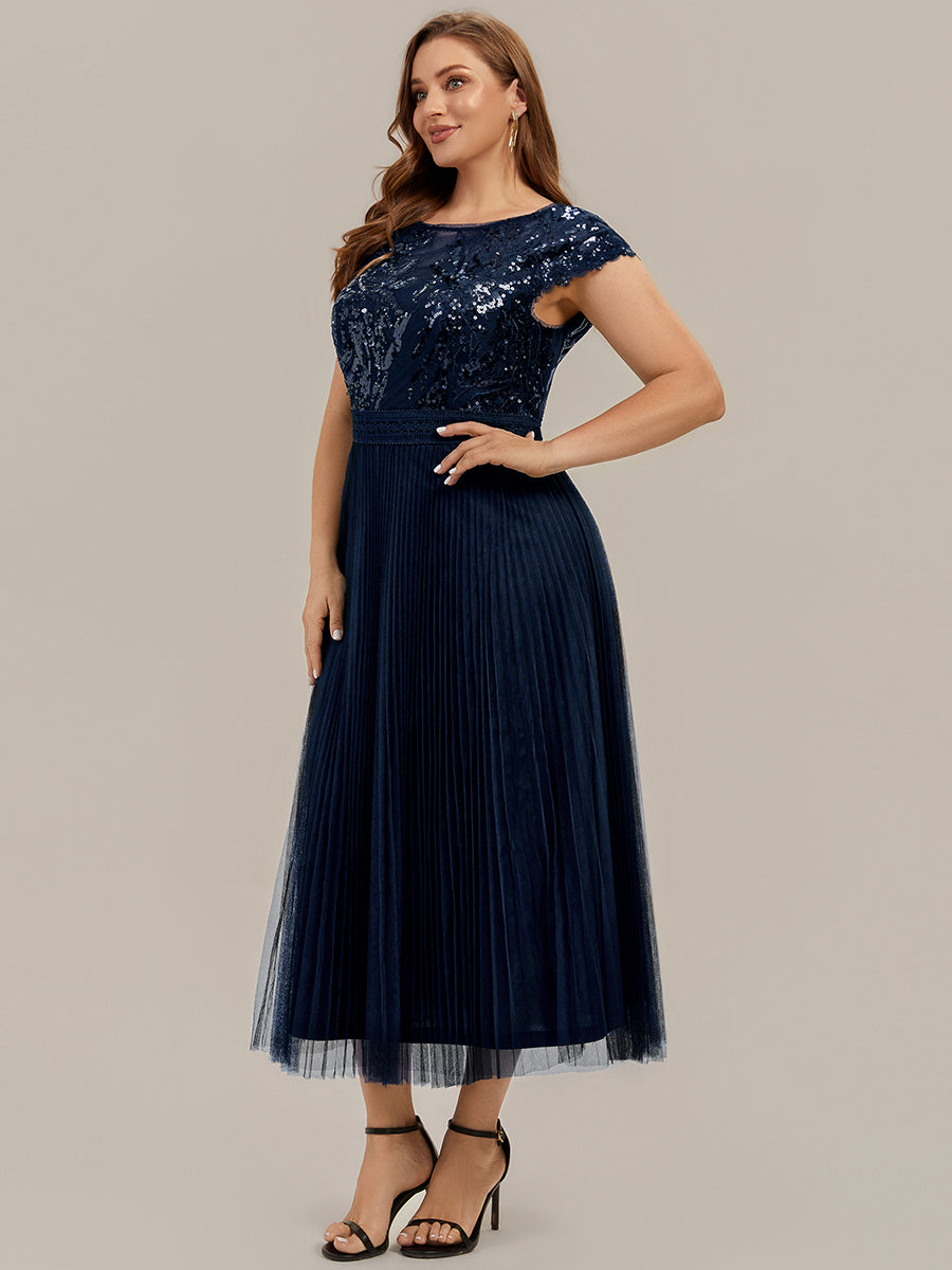 See-through Sequin Cap Sleeve Wedding Guest Dress #color_Navy Blue