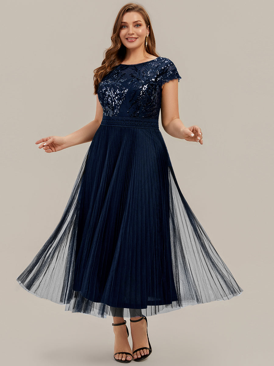 See-through Sequin Cap Sleeve Wedding Guest Dress #color_Navy Blue