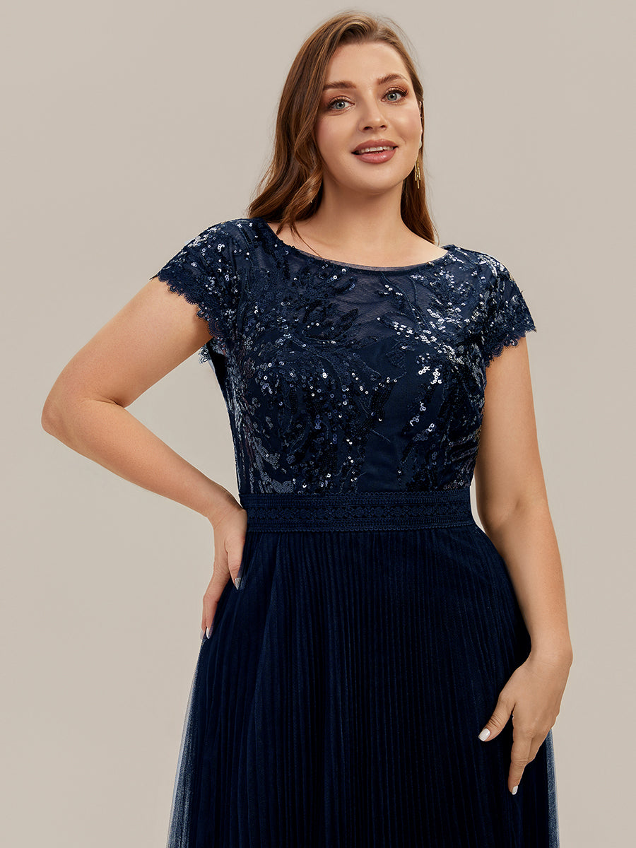 See-through Sequin Cap Sleeve Wedding Guest Dress #color_Navy Blue
