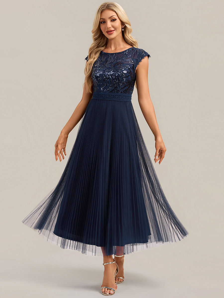 See-through Sequin Cap Sleeve Wedding Guest Dress #color_Navy Blue