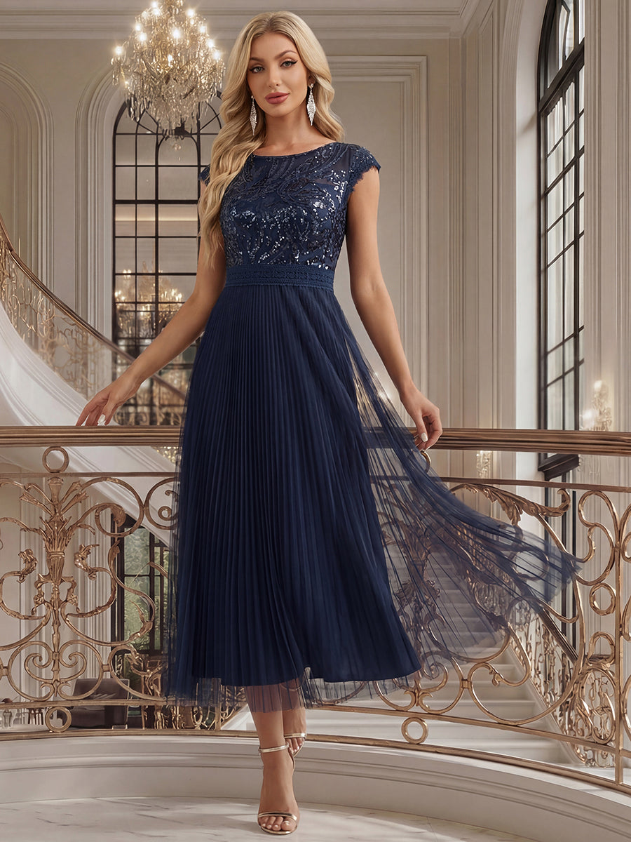 See-through Sequin Cap Sleeve Wedding Guest Dress #color_Navy Blue