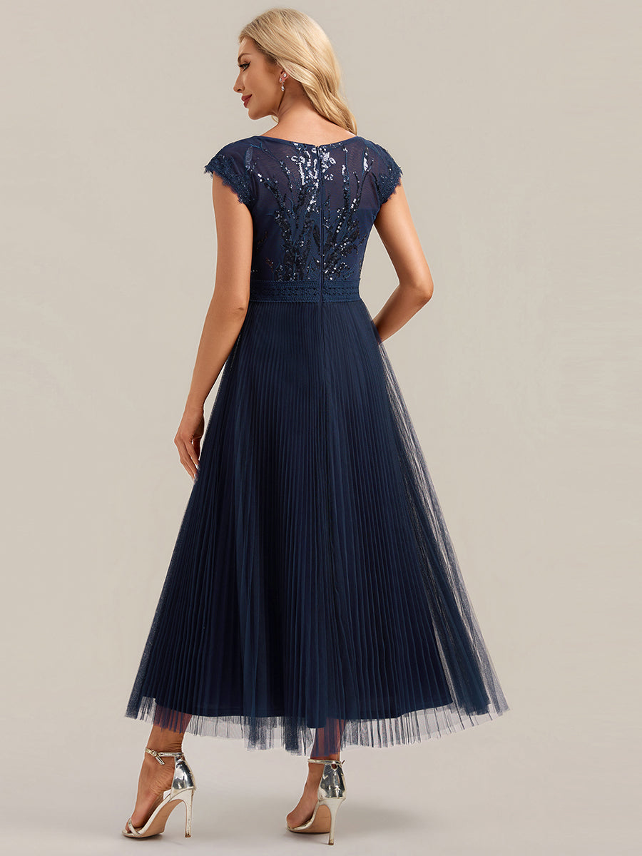 See-through Sequin Cap Sleeve Wedding Guest Dress #color_Navy Blue