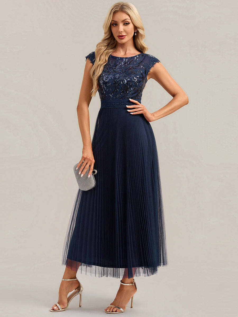 See-through Sequin Cap Sleeve Wedding Guest Dress #color_Navy Blue