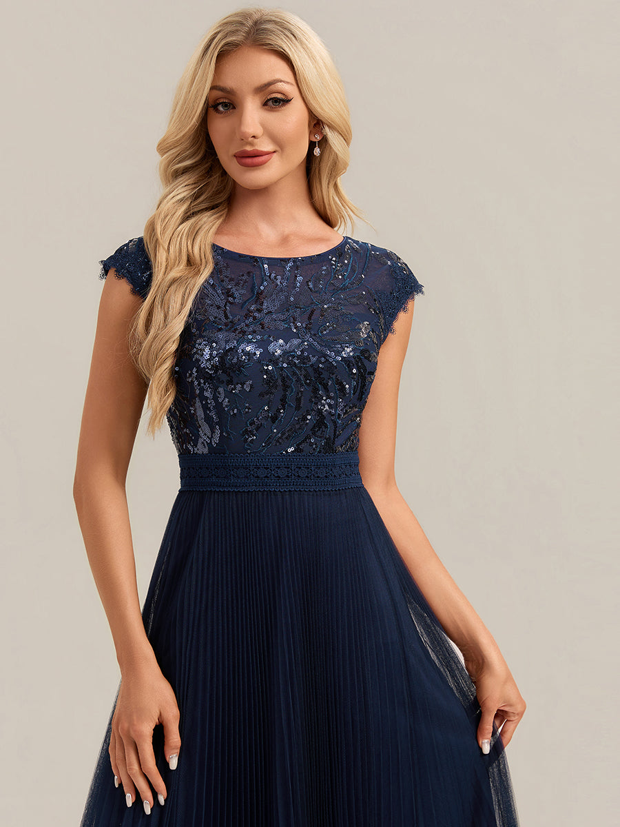 See-through Sequin Cap Sleeve Wedding Guest Dress #color_Navy Blue