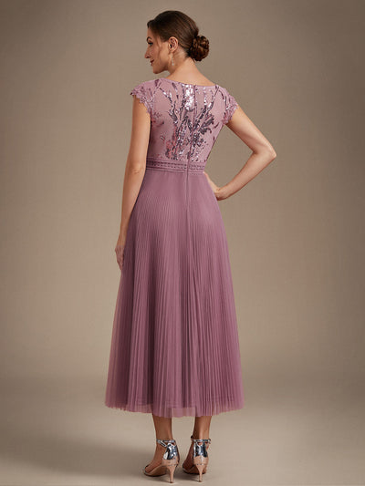 See-through Sequin Cap Sleeve Wedding Guest Dress #color_Purple Orchid