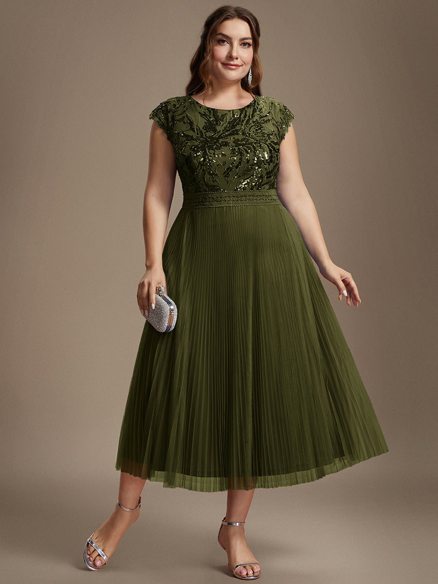 Plus Size See-through Sequin Wedding Guest Dress #color_Olive Green