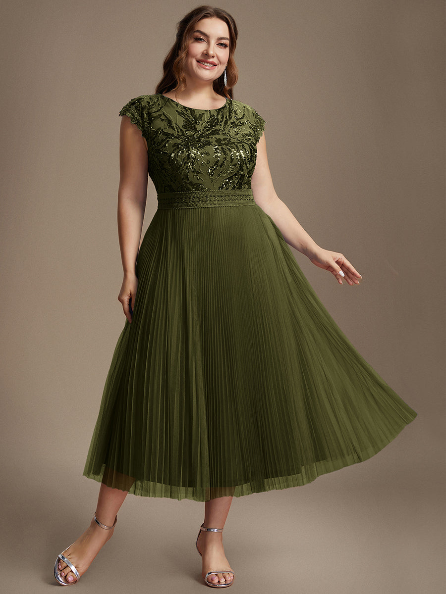 Plus Size See-through Sequin Wedding Guest Dress #color_Olive Green