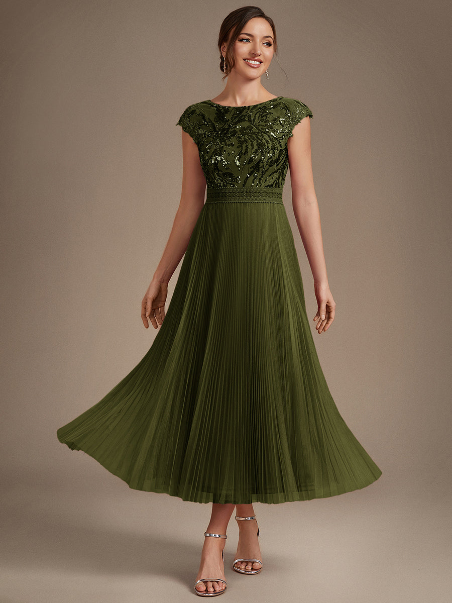 See-through Sequin Cap Sleeve Wedding Guest Dress #color_Olive Green