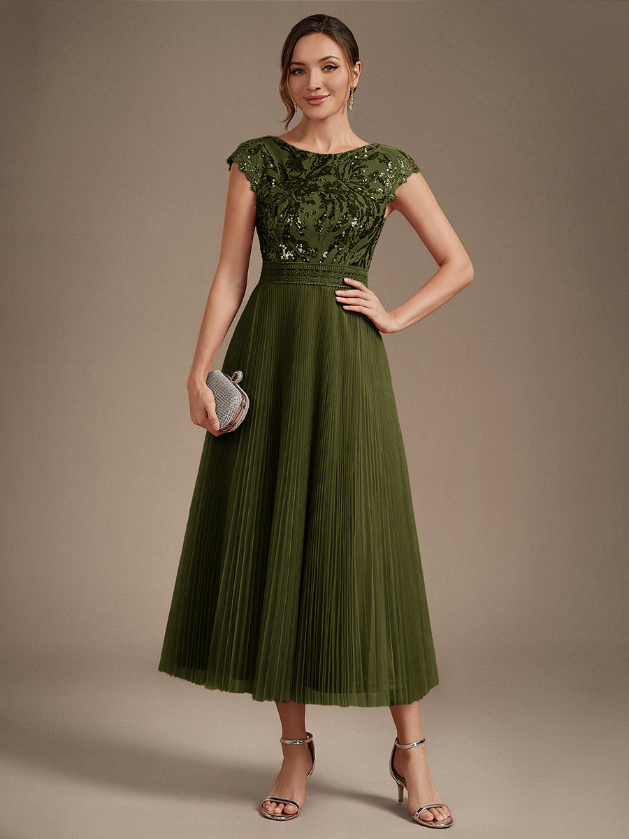 See-through Sequin Cap Sleeve Wedding Guest Dress #color_Olive Green