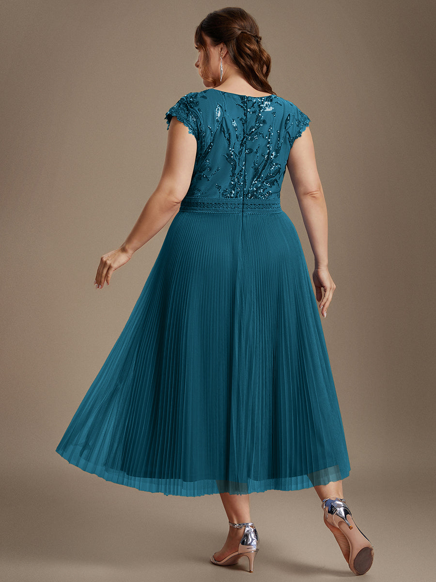 Plus Size See-through Sequin Wedding Guest Dress #color_Teal Blue