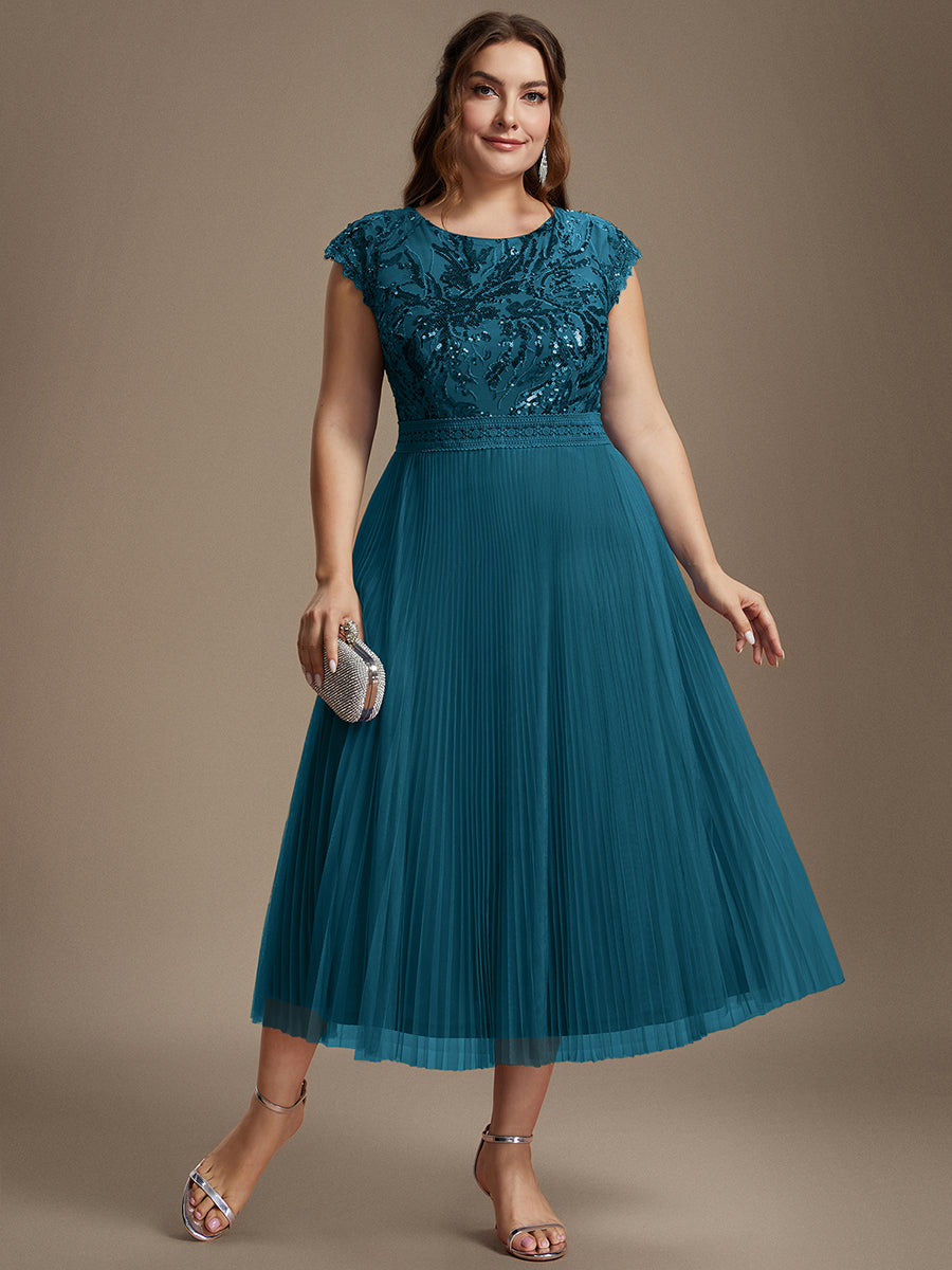 Plus Size See-through Sequin Wedding Guest Dress #color_Teal Blue