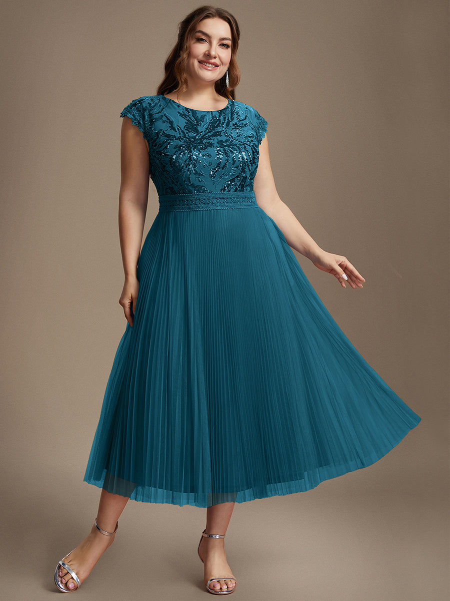Plus Size See-through Sequin Wedding Guest Dress #color_Teal Blue
