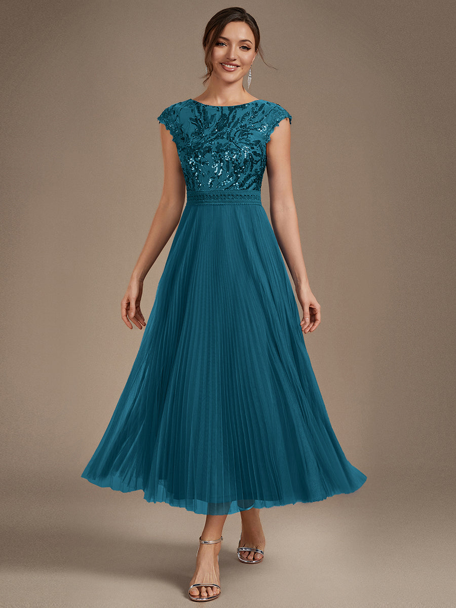 See-through Sequin Cap Sleeve Wedding Guest Dress #color_Teal Blue