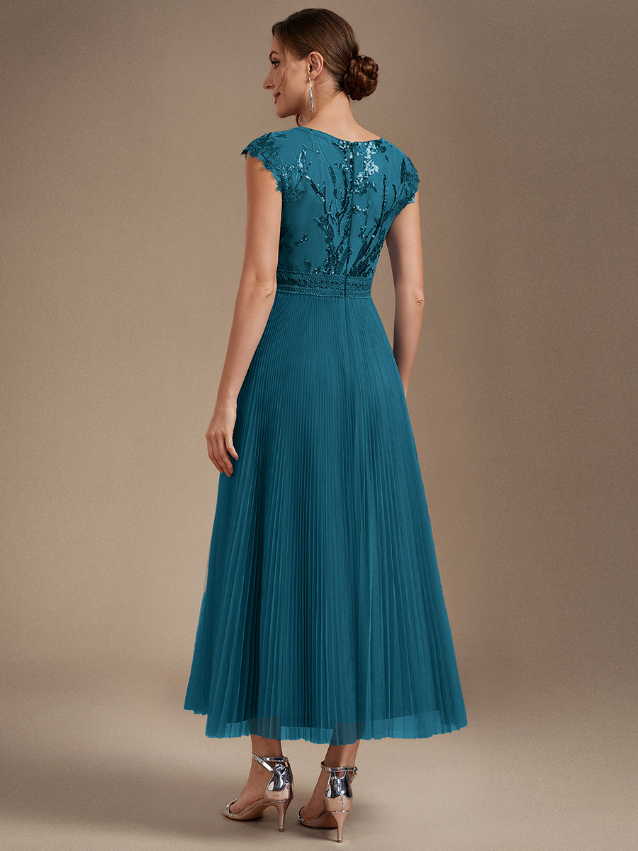 See-through Sequin Cap Sleeve Wedding Guest Dress #color_Teal Blue