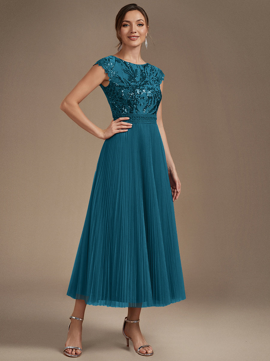 See-through Sequin Cap Sleeve Wedding Guest Dress #color_Teal Blue