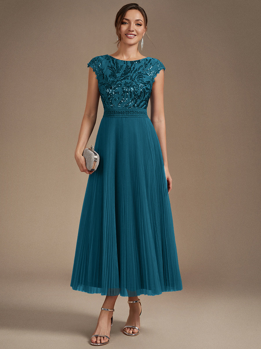 See-through Sequin Cap Sleeve Wedding Guest Dress #color_Teal Blue
