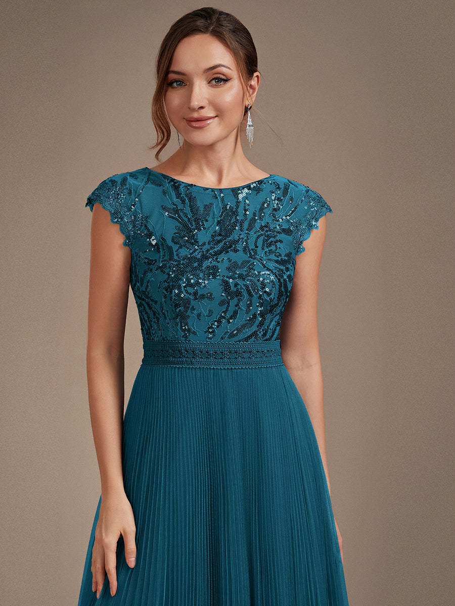 See-through Sequin Cap Sleeve Wedding Guest Dress #color_Teal Blue