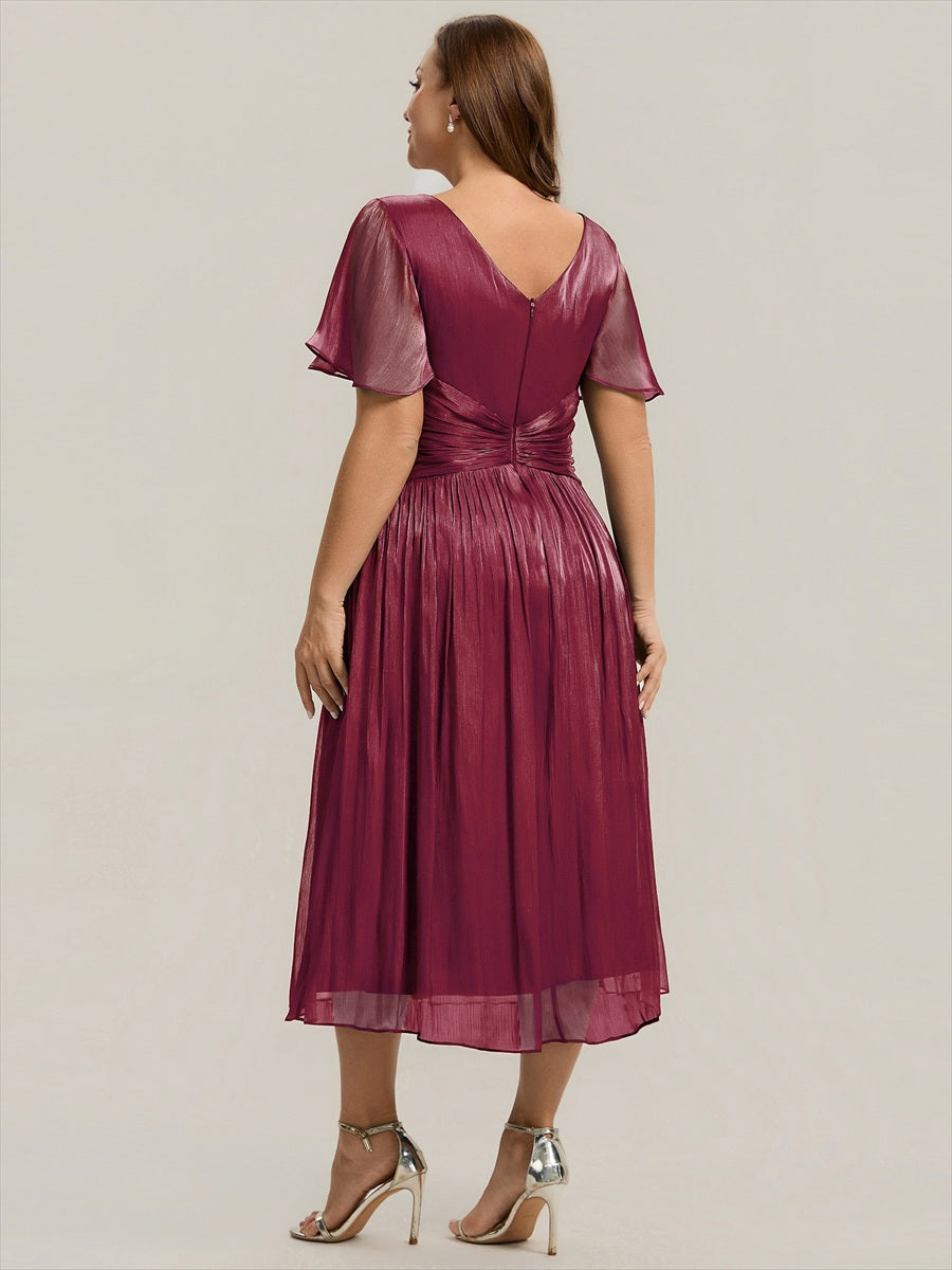 Ruffled Sea-island Ruffle Sleeve Midi Wedding Guest Dress #color_Burgundy