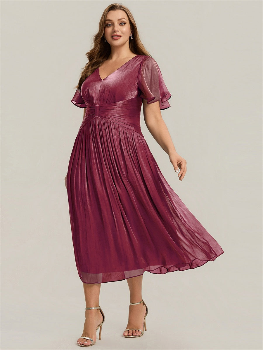 Ruffled Sea-island Ruffle Sleeve Midi Wedding Guest Dress #color_Burgundy