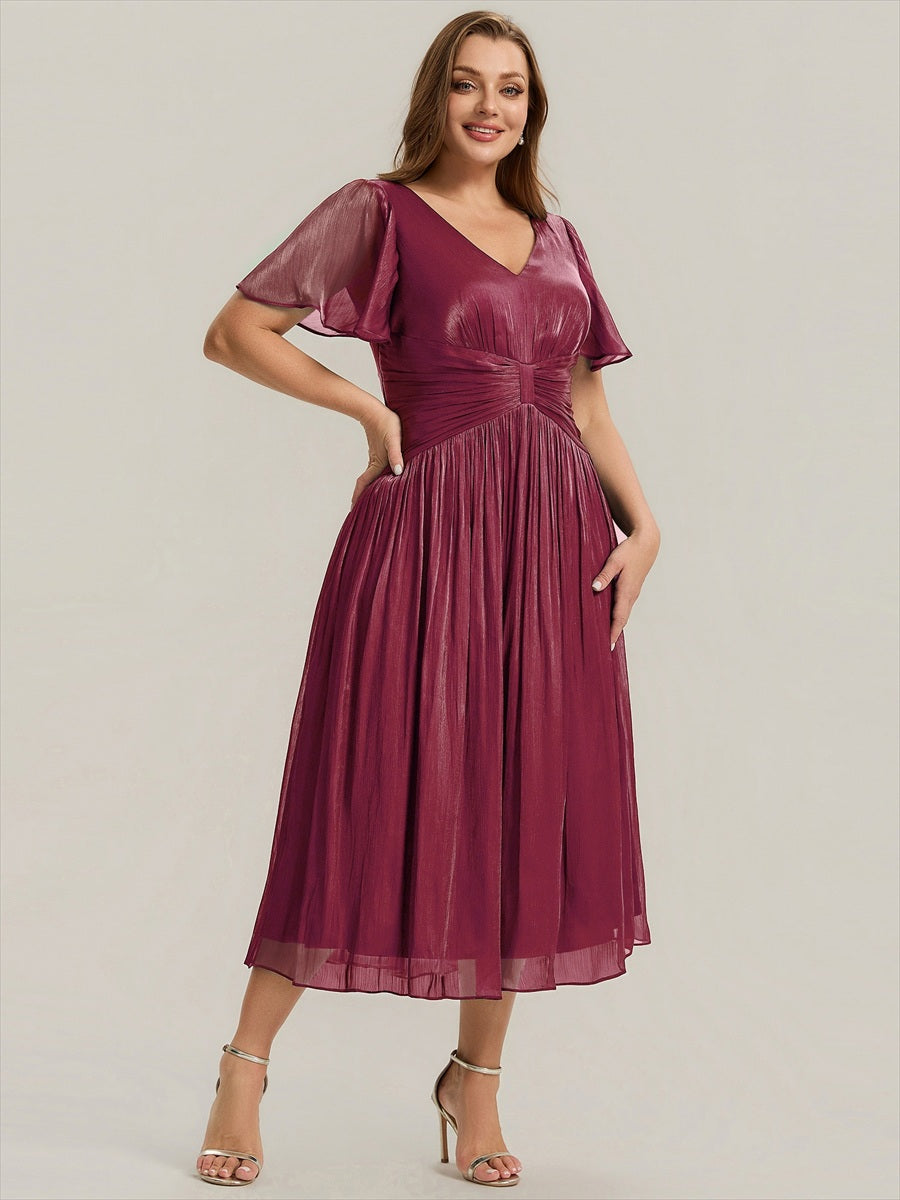 Ruffled Sea-island Ruffle Sleeve Midi Wedding Guest Dress #color_Burgundy
