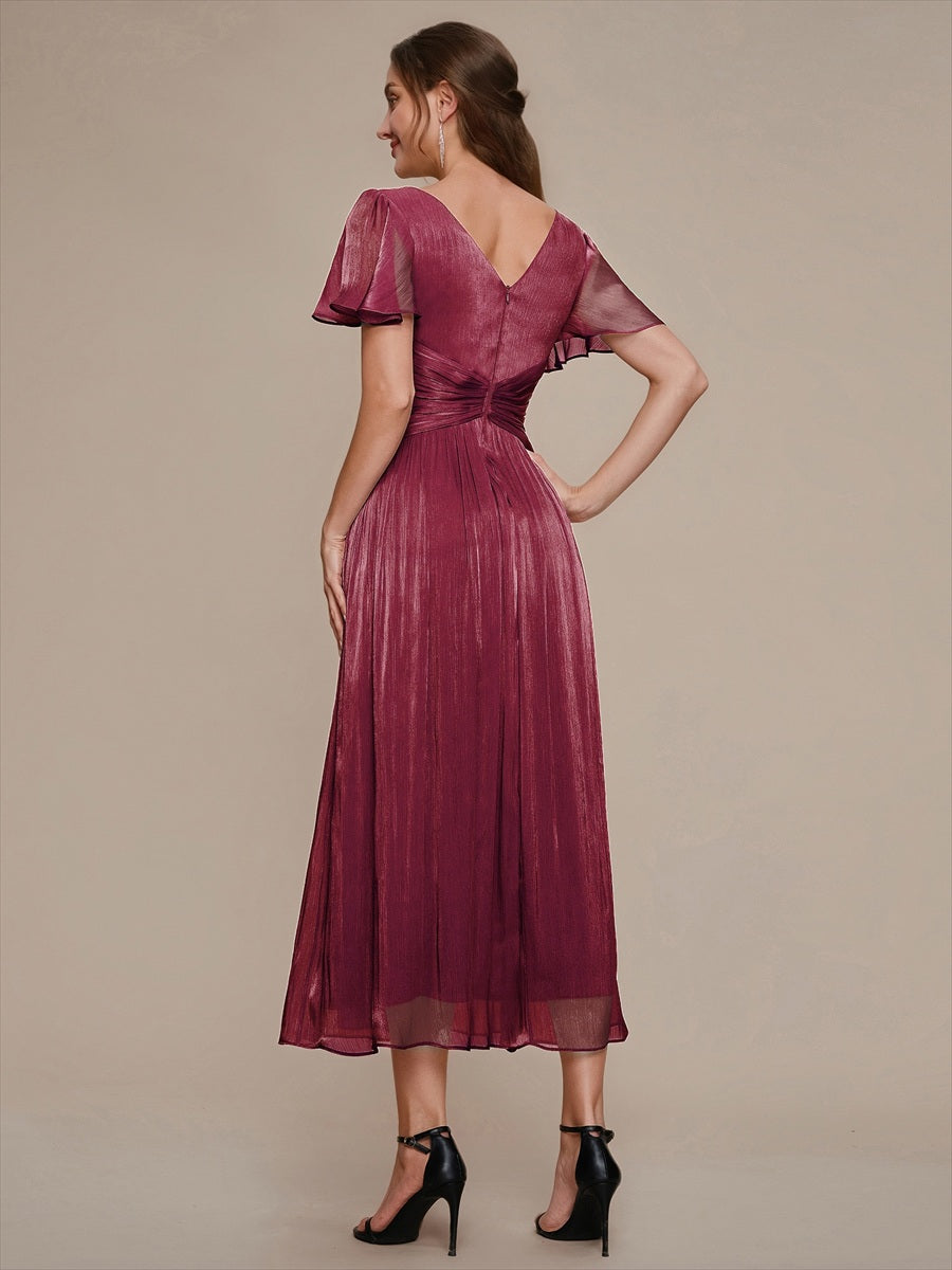 Ruffled Sea-island Ruffle Sleeve Midi Wedding Guest Dress #color_Burgundy