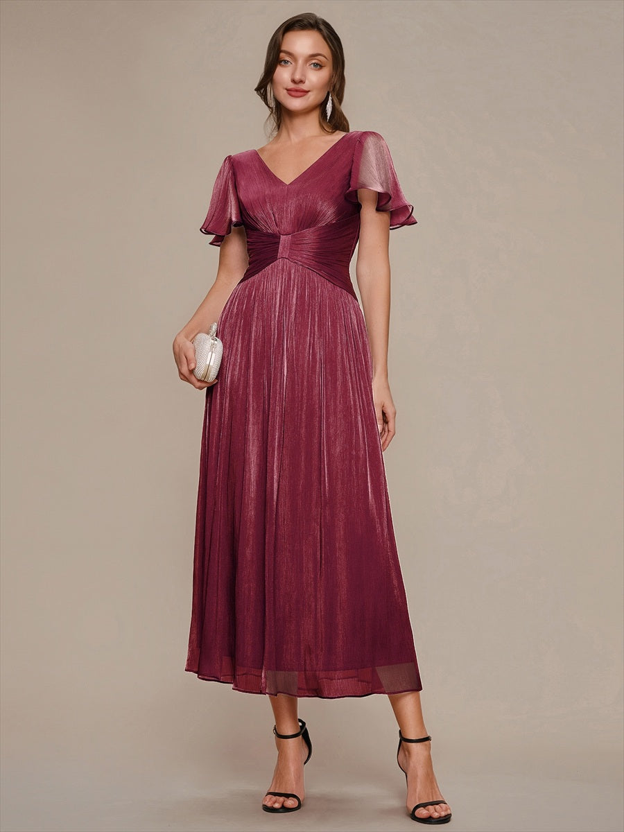Ruffled Sea-island Ruffle Sleeve Midi Wedding Guest Dress #color_Burgundy