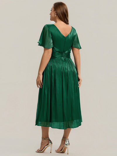 Plus Size Gathered Sea-island Wedding Guest Dress #color_Dark Green