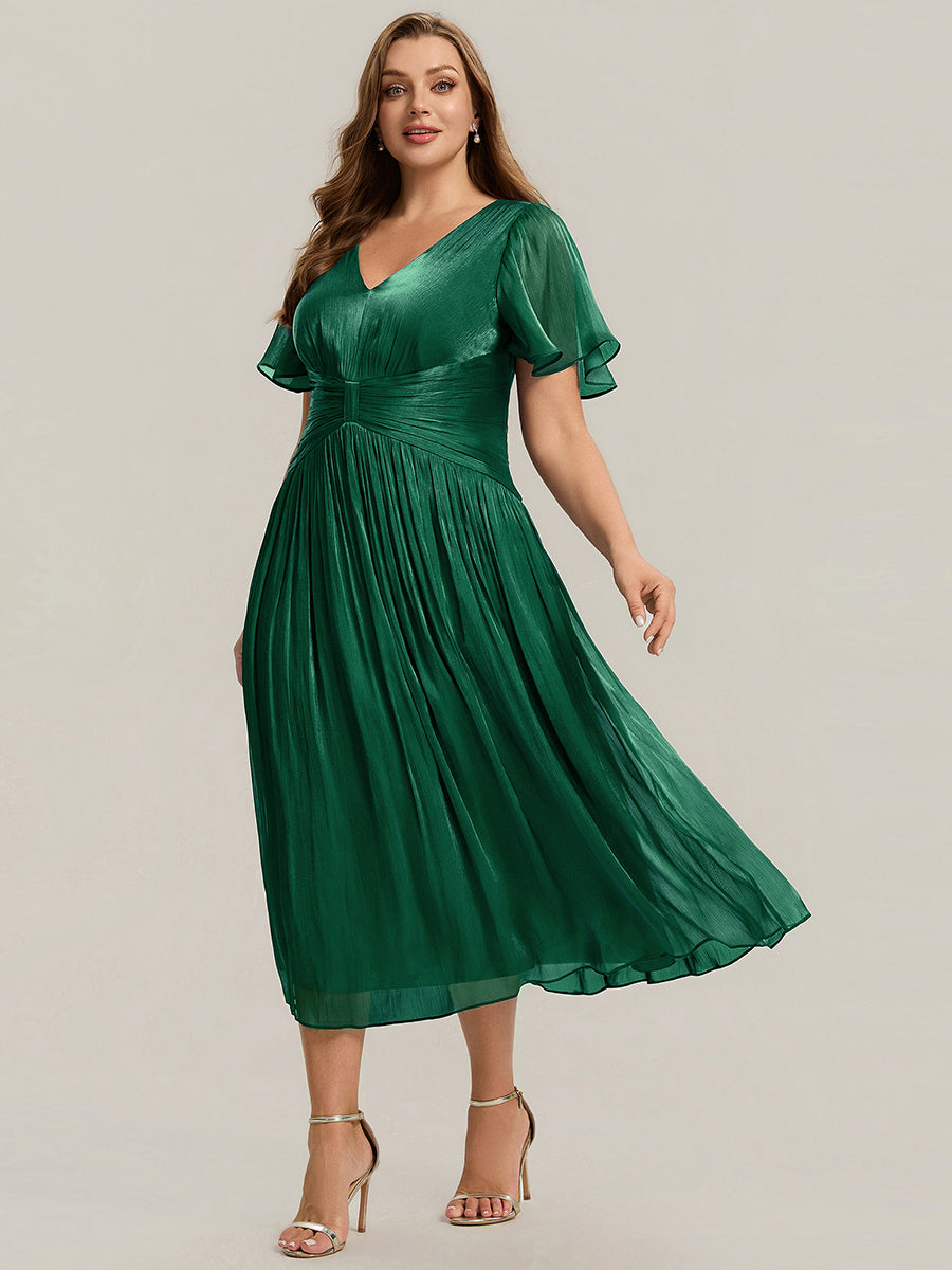 Ruffled Sea-island Ruffle Sleeve Midi Wedding Guest Dress #color_Dark Green