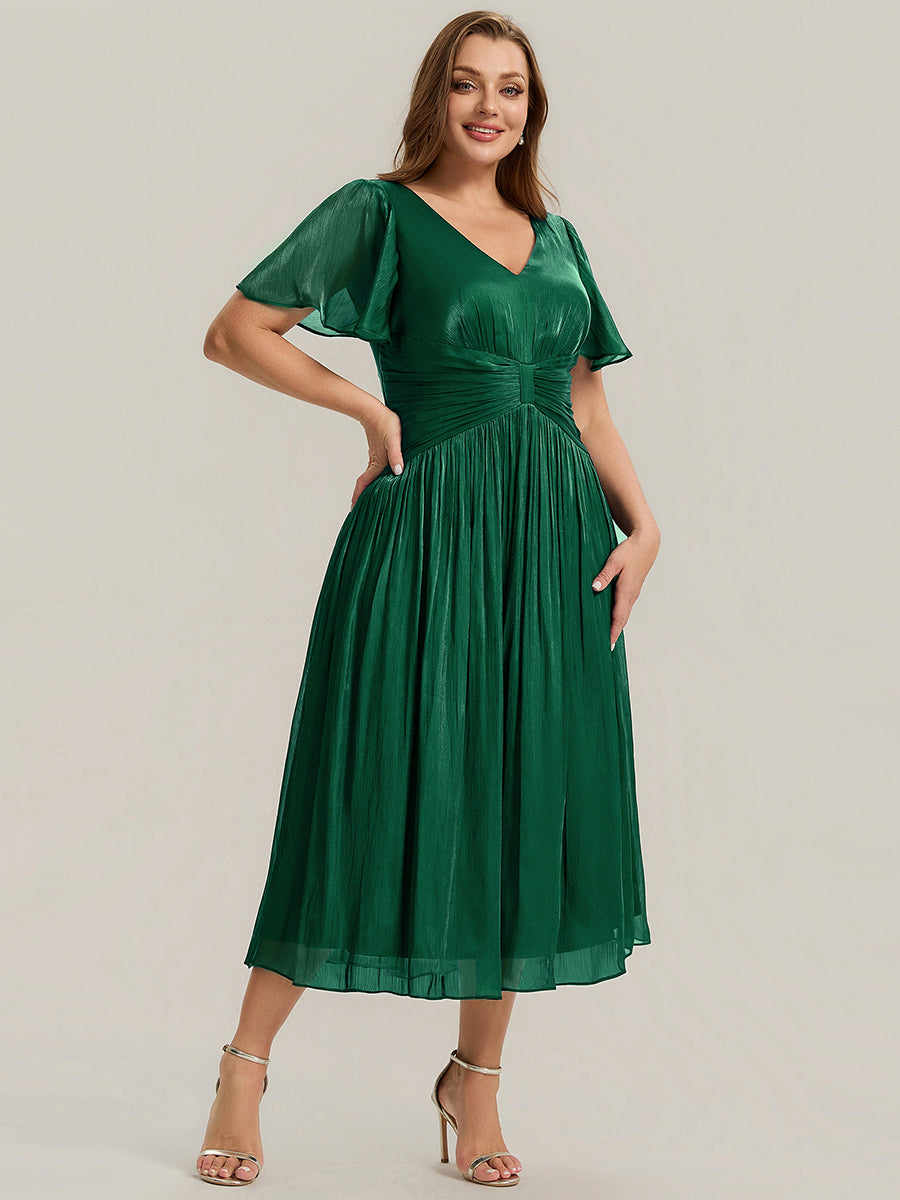 Plus Size Gathered Sea-island Wedding Guest Dress #color_Dark Green