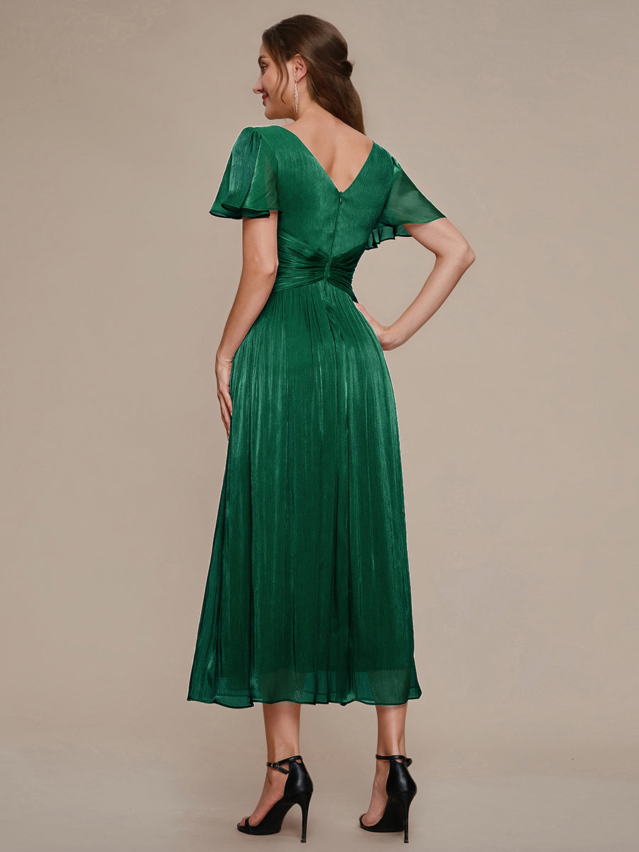 Ruffled Sea-island Ruffle Sleeve Midi Wedding Guest Dress #color_Dark Green