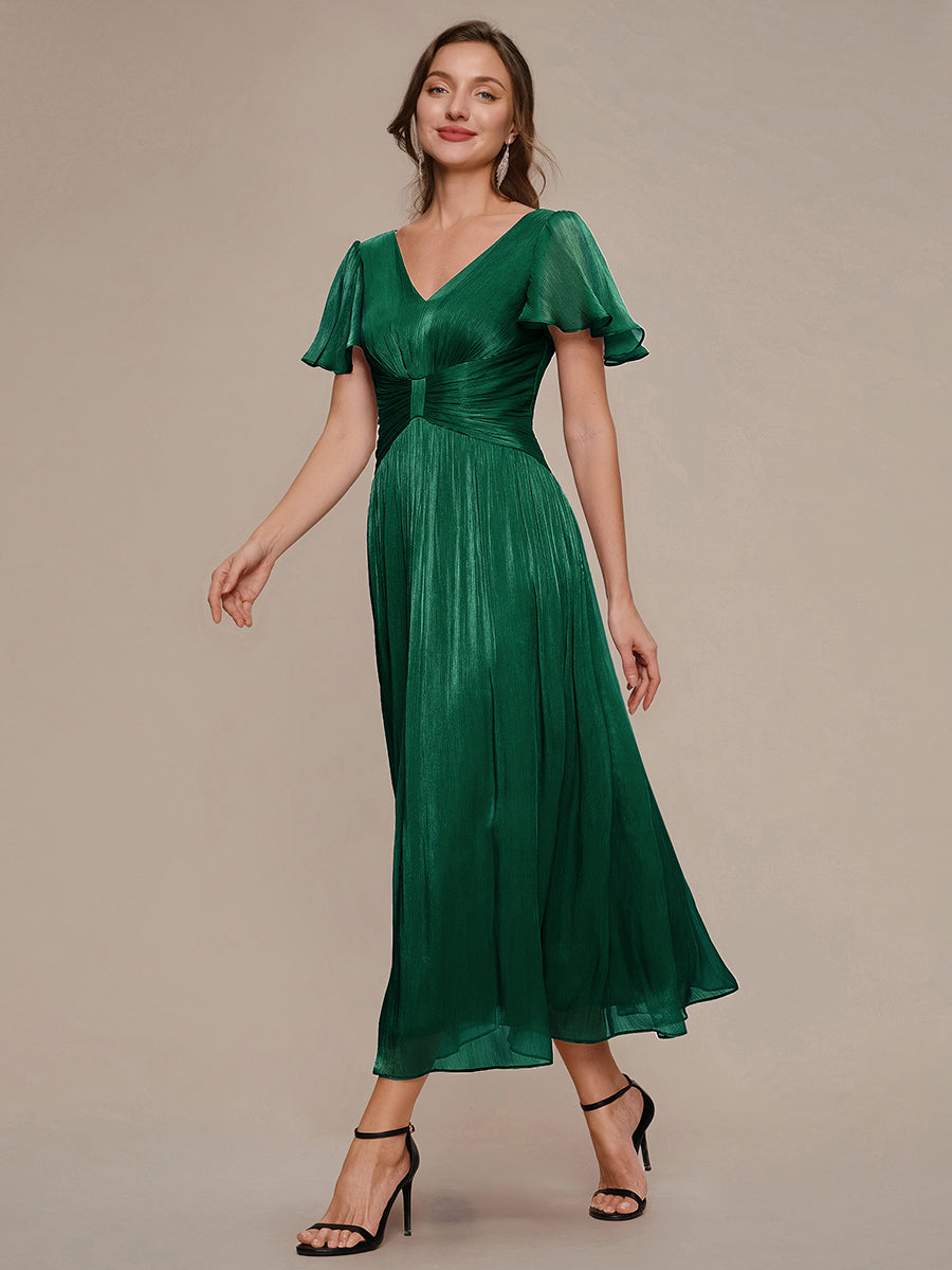 Ruffled Sea-island Ruffle Sleeve Midi Wedding Guest Dress #color_Dark Green