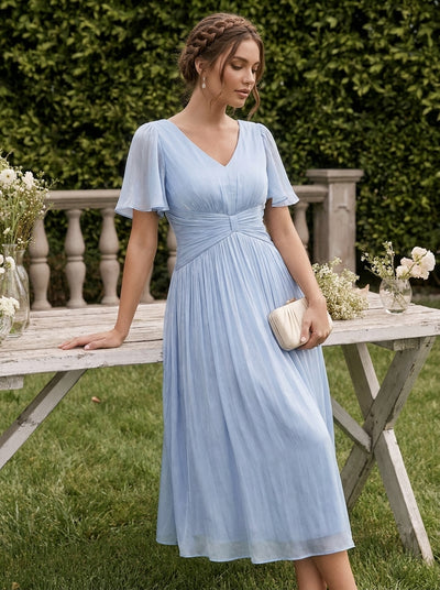 Ruffled Sea-island Ruffle Sleeve Midi Wedding Guest Dress #color_Dusty Blue