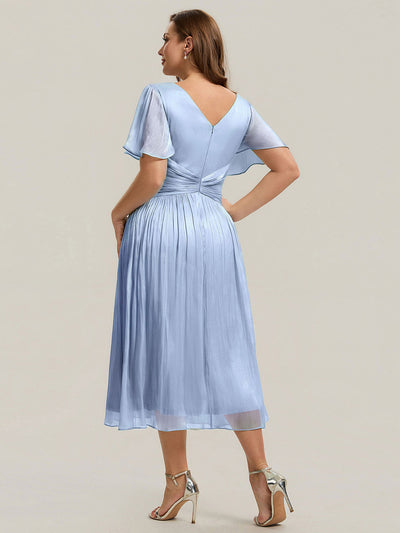Plus Size Gathered Sea-island Wedding Guest Dress #color_Dusty Blue