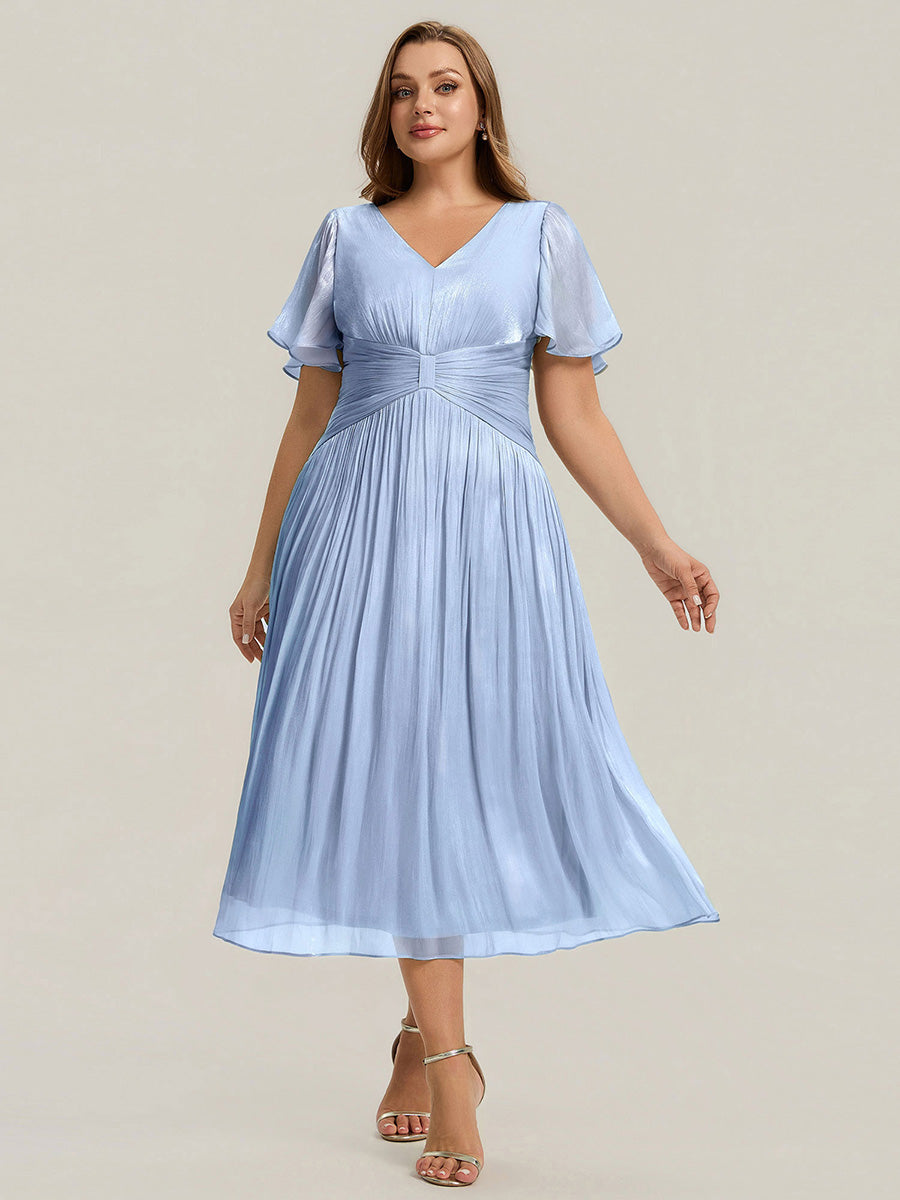 Ruffled Sea-island Ruffle Sleeve Midi Wedding Guest Dress #color_Dusty Blue